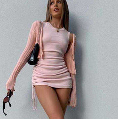 Women Cotton Ruched Drawstring Party Sleeveless Elastic Mini Dress - AWAKENING AESTHETICS