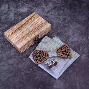 Wooden Bow Tie set and Handkerchief Bow tie Necktie Cravat